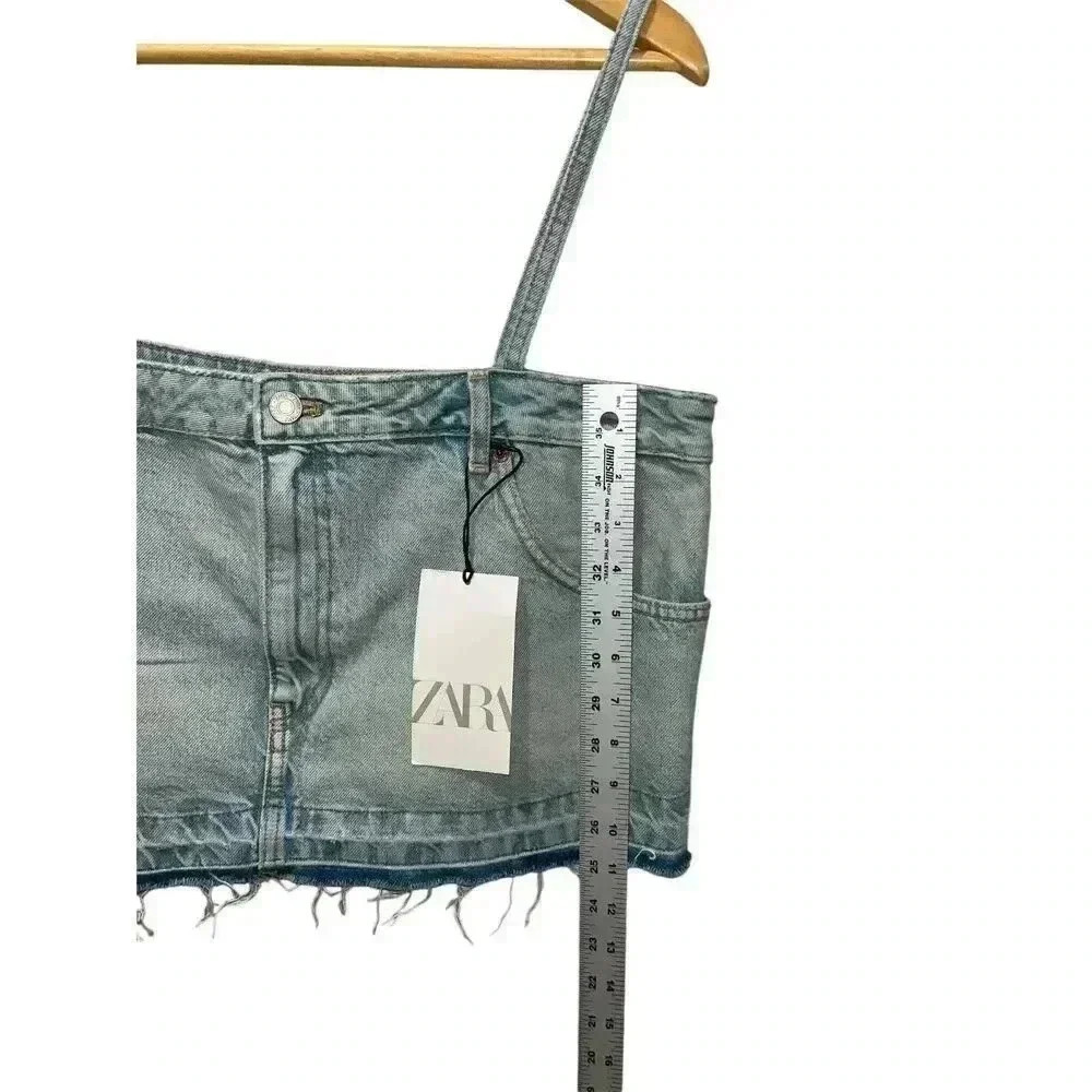ZARA Denim Jean Cropped Pants Top Spaghetti Straps Size Large Bloggers Blue Wash - Picture 6 of 9